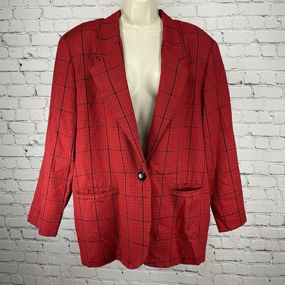 VTG Samantha USA Red Check One Button Lightweight Blazer Pockets Size 14 - Picture 1 of 10
